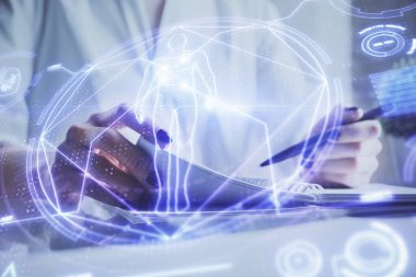 Eğitim temalı hologram, kadınların el yazısı üzerine. Öğrenim anlayışı. Çift pozlama