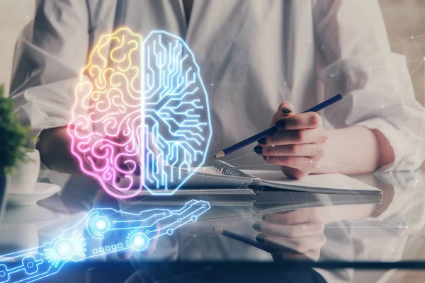 Exposición múltiple de escritura mano sobre fondo con holograma cerebral. Concepto de autoaprendizaje. —  Fotos de Stock