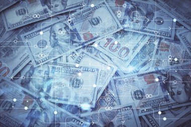 İki kez veri temasına maruz kalınca dolar banknotları arka planda kalıyor. Teknoloji konsepti.