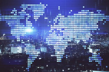 İş temalı hologram çizimine ve şehrin arka planına çifte maruz kalma. Başarı kavramı.