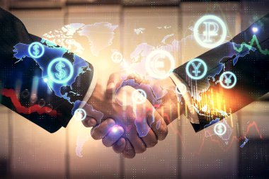 Forx grafik hologramı ve iki adamın el sıkışması. Borsa konsepti.