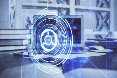 Teknoloji temalı çizim ve bilgisayarla çalışma alanı. Çifte maruziyet. Yenilik kavramı.