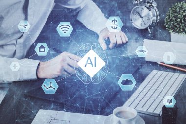 Dijital bir cihaz ve veri temalı çizim kullanarak erkeklerin el ele tutuşması. Yenilik kavramı.