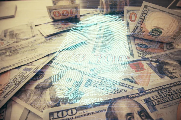 Doppia esposizione di impronta digitale scansione disegno oltre dollari USA sfondo della fattura. Concetto di sicurezza dell'accesso sicuro . — Foto Stock