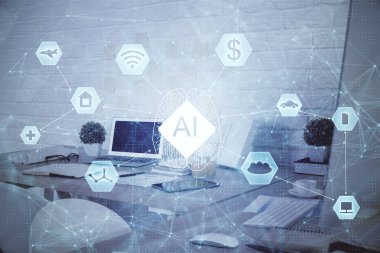 Veri teması çizimi ve ofis içi arka planına çifte maruz kalma. Teknoloji kavramı.