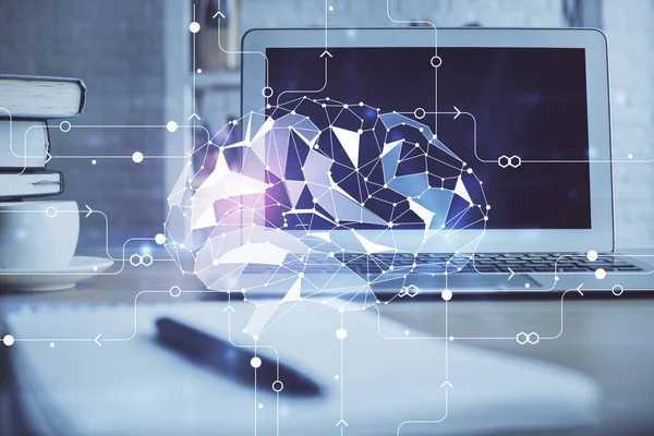 Doble exposición de la mesa de trabajo con el holograma de la computadora y del cerebro. Concepto de lluvia de ideas . —  Fotos de Stock