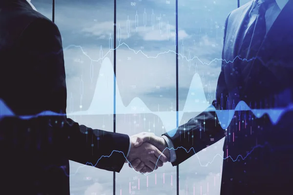 双曝光的外汇图全息图和握手两名男子。股票市场概念. — 图库照片