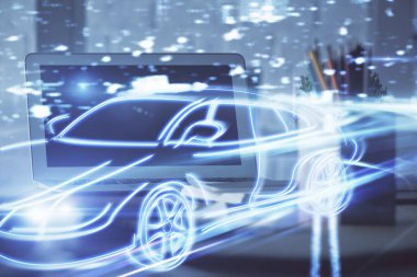 Otomobil hologramı çizimi olan masaüstü bilgisayar arkaplanı. Çoklu maruz kalma. Teknoloji kavramı.