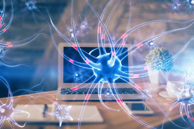 Masaüstü bilgisayar arkaplanı ve nöron çizimi. Çifte maruziyet. Eğitim kavramı.