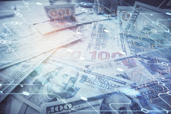 Double exposure of data theme drawing over us dollars bill background. Technology concept. — Stock Photo, Image