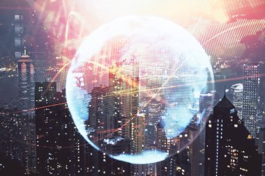 İş temalı hologram çizimine ve şehrin arka planına çifte maruz kalma. Başarı kavramı.