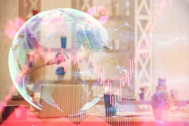 İş teması çizimi ve ofis içi arka planına çifte maruz kalma. Başarı kavramı