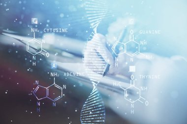 Kadınların el yazısı üzerine DNA temalı hologram. Eğitim kavramı. Çift pozlama