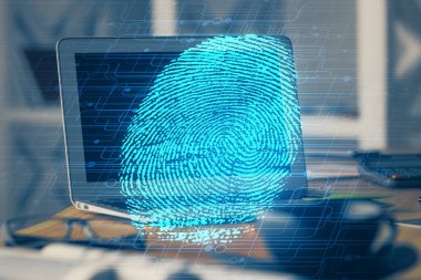 Ofisteki bilgisayarın parmak izi çizimi. Çifte maruziyet. İş veri güvenliği kavramı.