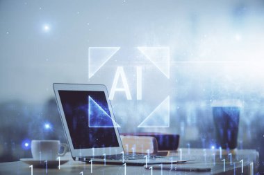 Teknoloji temalı çizim ve bilgisayarla çalışma alanı. Çifte maruziyet. Yenilik kavramı.