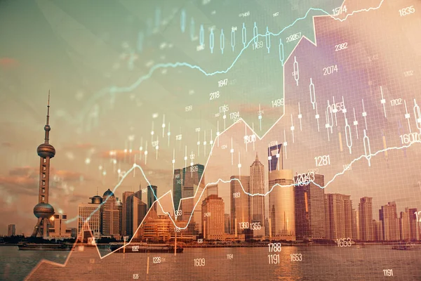 Forex-Graph auf Stadtansicht mit Wolkenkratzern Hintergrund Doppelbelichtung. Finanzanalysekonzept. — Stockfoto