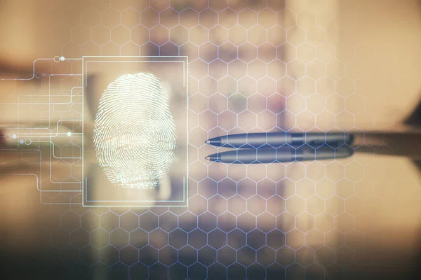 Doppelbelichtung des Fingerabdruck-Hologramms über dem Hintergrund der Kaffeetasse im Büro. Konzept der Informationssicherheit — Stockfoto