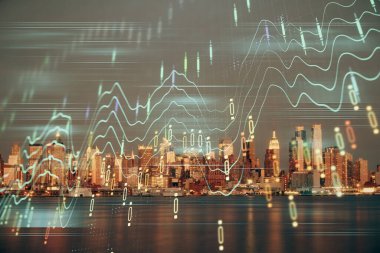 Yüksek binalar arka plan çift pozlama ile gece şehir scape mali grafik. Analiz kavramı.