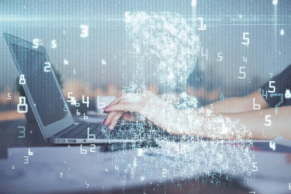 Multi exposición de las manos de la mujer que trabajan en el dibujo del holograma del tema de la computadora y de datos. Concepto técnico. —  Fotos de Stock