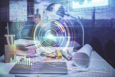 Veri teması çizimi ve ofis içi arka planına çifte maruz kalma. Teknoloji kavramı.