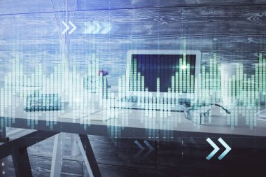 Finansal grafik çizimine ve ofis içi arka planına çifte maruz kalma. Borsa konsepti.