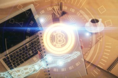 Bilgisayarda ve kripto piyasa temalı hologram çizimlerinde kadın elinin çifte pozu. Engelleme zinciri kavramı.