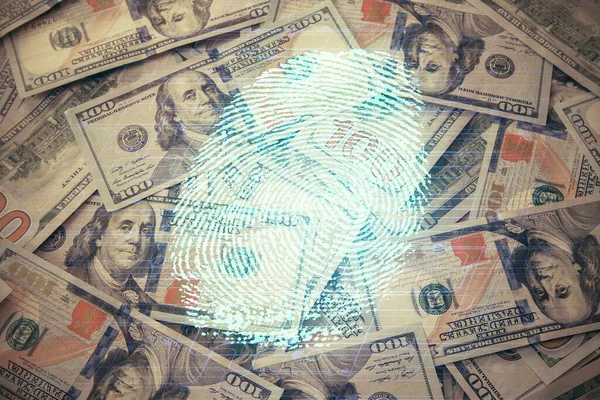 Doppelte Belichtung des Fingerabdruckscans über dem Hintergrund eines US-Dollarscheins. Konzept der Sicherheit des sicheren Zugangs. — Stockfoto