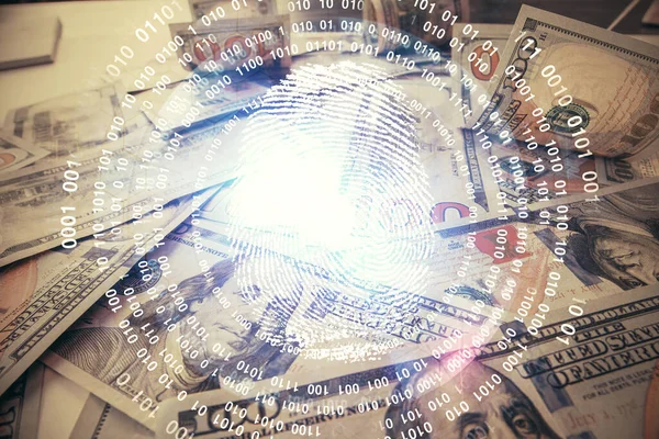 Doble exposición del escaneo de huellas dactilares dibujando sobre el fondo del billete de dólares. Concepto de seguridad de acceso seguro . —  Fotos de Stock
