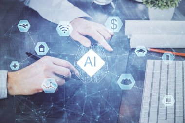 Dijital bir cihaz ve veri temalı çizim kullanarak erkeklerin el ele tutuşması. Yenilik kavramı.