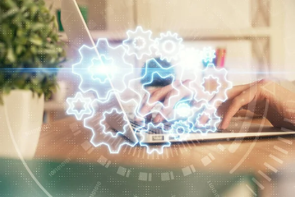 Doble exposición de las manos de la mujer escribiendo en el dibujo del holograma de la computadora y del tema del negocio. Concepto de éxito. —  Fotos de Stock