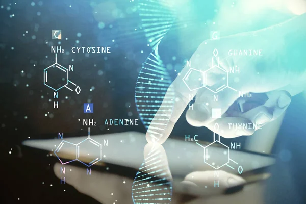 Double exposure of mans hands holding and using a phone and DNA drawing. Medical education concept. — Stock Photo, Image