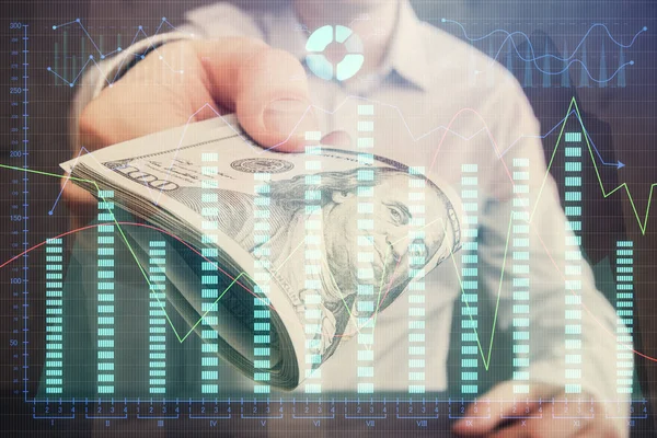 Multi exponering av finansiella diagram rita hologram och USA dollar räkningar och manshänder. Analyskoncept. — Stockfoto