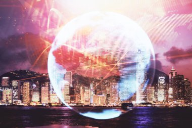 İş temalı hologram çizimine ve şehrin arka planına çifte maruz kalma. Başarı kavramı.