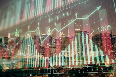 Cityscape arka plan üzerinde forex grafik çizimleri çift pozlama. Başarı kavramı.