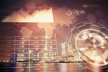 Yüksek binalar arka plan çok pozlama ile gece şehir scape mali grafik. Analiz kavramı.