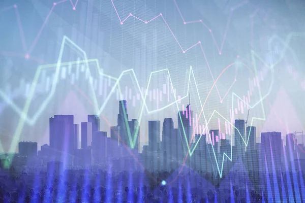 Gráfico de divisas en paisaje urbano con rascacielos fondo de pantalla doble exposición. Concepto de investigación financiera . —  Fotos de Stock