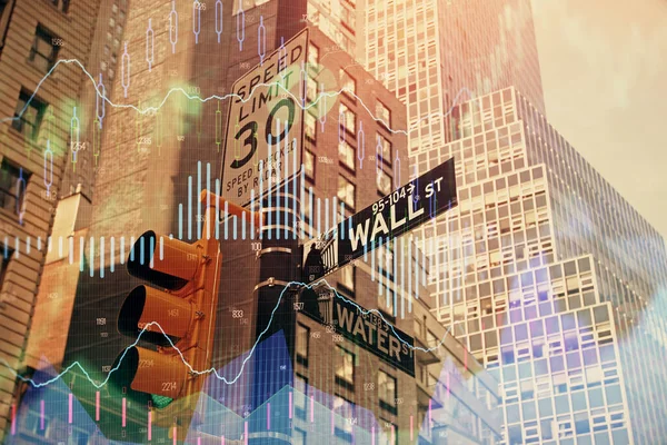 Forex chart on cityscape with tall buildings background multi exposure. Financial research concept. — Stock Photo, Image