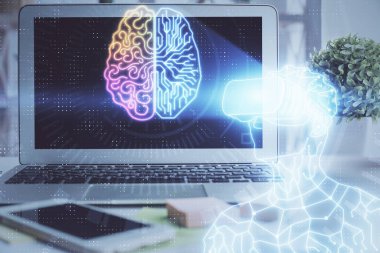 AR tema simgesi olan bilgisayar masaüstünde. Çoklu maruz kalma. Artırılmış gerçeklik kavramı.