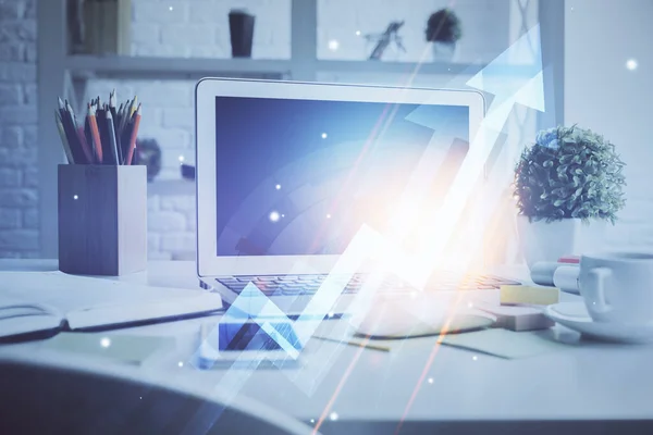 Computer on desktop with point up arrows hologram. Double exposure. Concept of success. — Stock Photo, Image