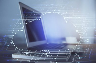 Bilgisayar ve teknoloji temalı çizimlere çifte maruz kalma. Yenilik kavramı.