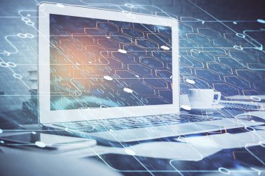 Bilgisayarın arka plan ve teknoloji temalı çizimlerine çoklu maruz kalma. Yenilik kavramı.