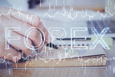 Borsa forex grafiği ile çoklu pozlama closeup eller.