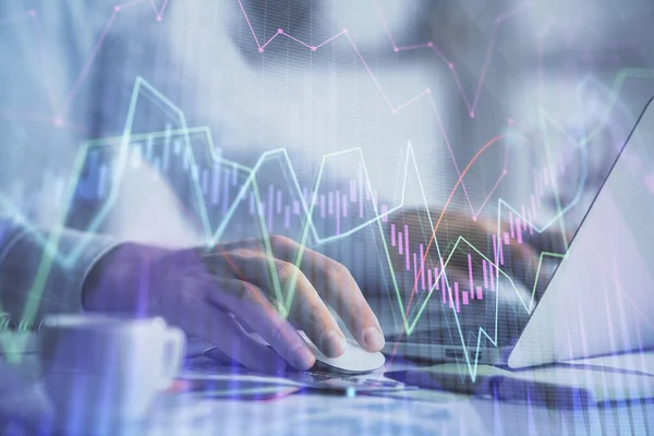 Double exposure of forex graph with man working on computer on background. Concept of market analysis. — Stock Photo, Image