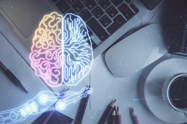 Multi exposición del holograma del boceto del cerebro sobre fondo de tabla de trabajo de la vista superior con la computadora. Concepto de big data. — Foto de Stock