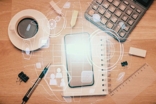 Doble exposición del tema de la red social dibujo sobre la mesa con el teléfono. Vista superior. Gente conectando concepto. — Foto de Stock