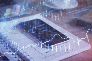 Ön plan çizimi ve cep telefonu arkaplanı çift pozlama. Mali veri analizi kavramı