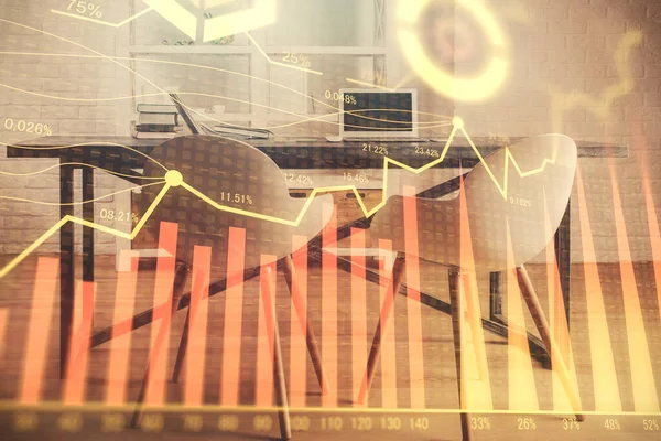 Multi exposure of financial graph drawing and office interior background. Concept of market analysis.