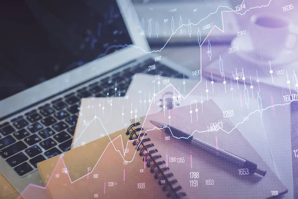 Double exposition de dessin de tableau financier et de bureau avec café et articles sur fond de table. Concept de trading sur le marché forex — Photo