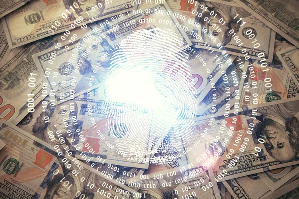 Двойное воздействие сканирования отпечатков пальцев на фоне банкнот в долларах США. Концепция безопасности безопасного доступа . — стоковое фото