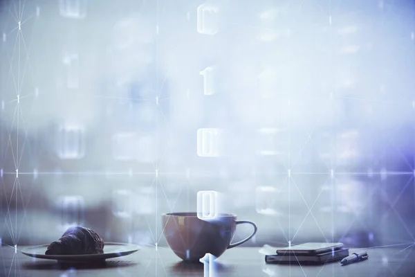 Doppelbelichtung von Ai-Daten Thema Zeichnung über Kaffeetasse Hintergrund im Büro. — Stockfoto